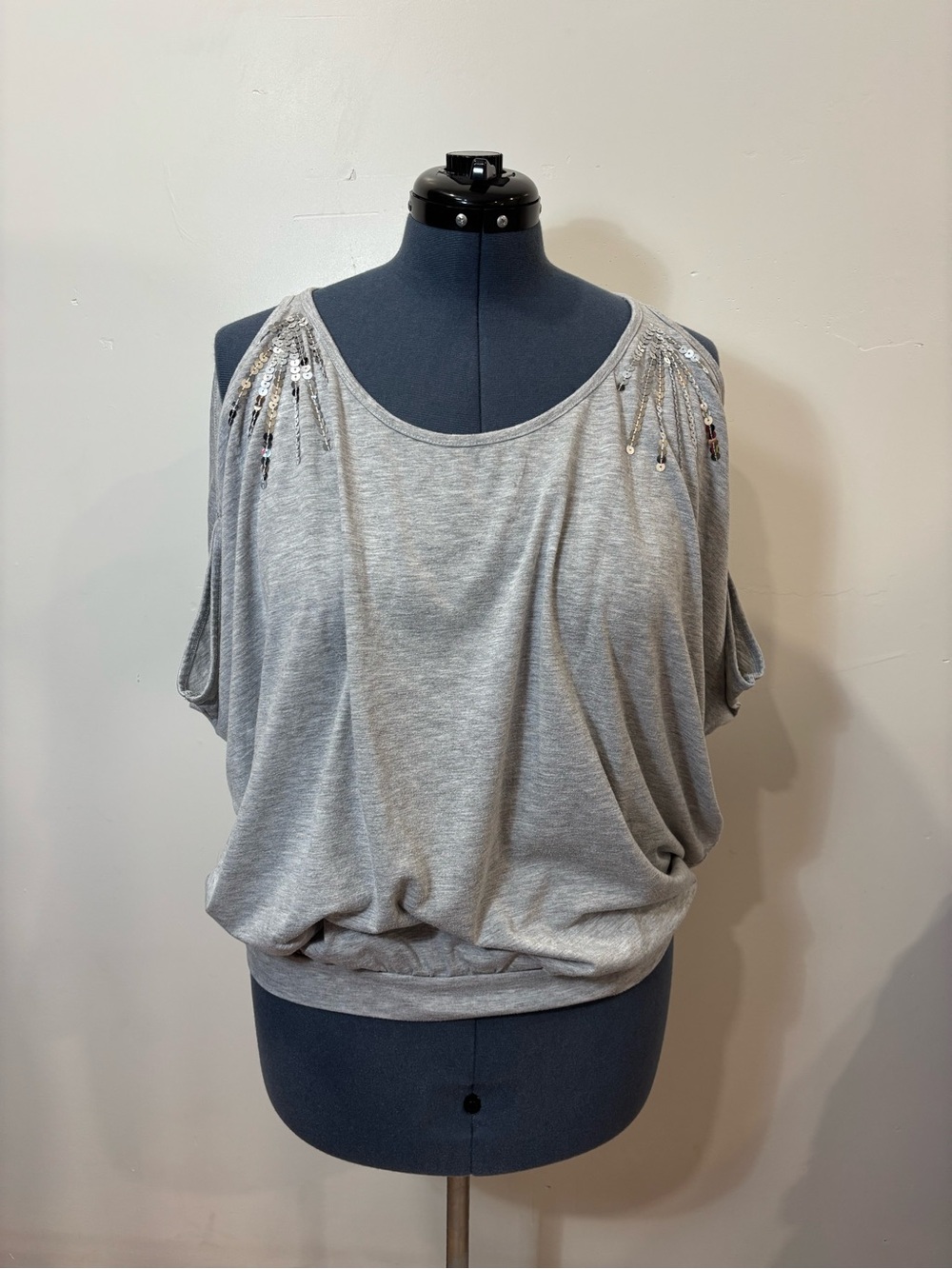 VENUS Light Gray Sequin-Embellished Dolman Top